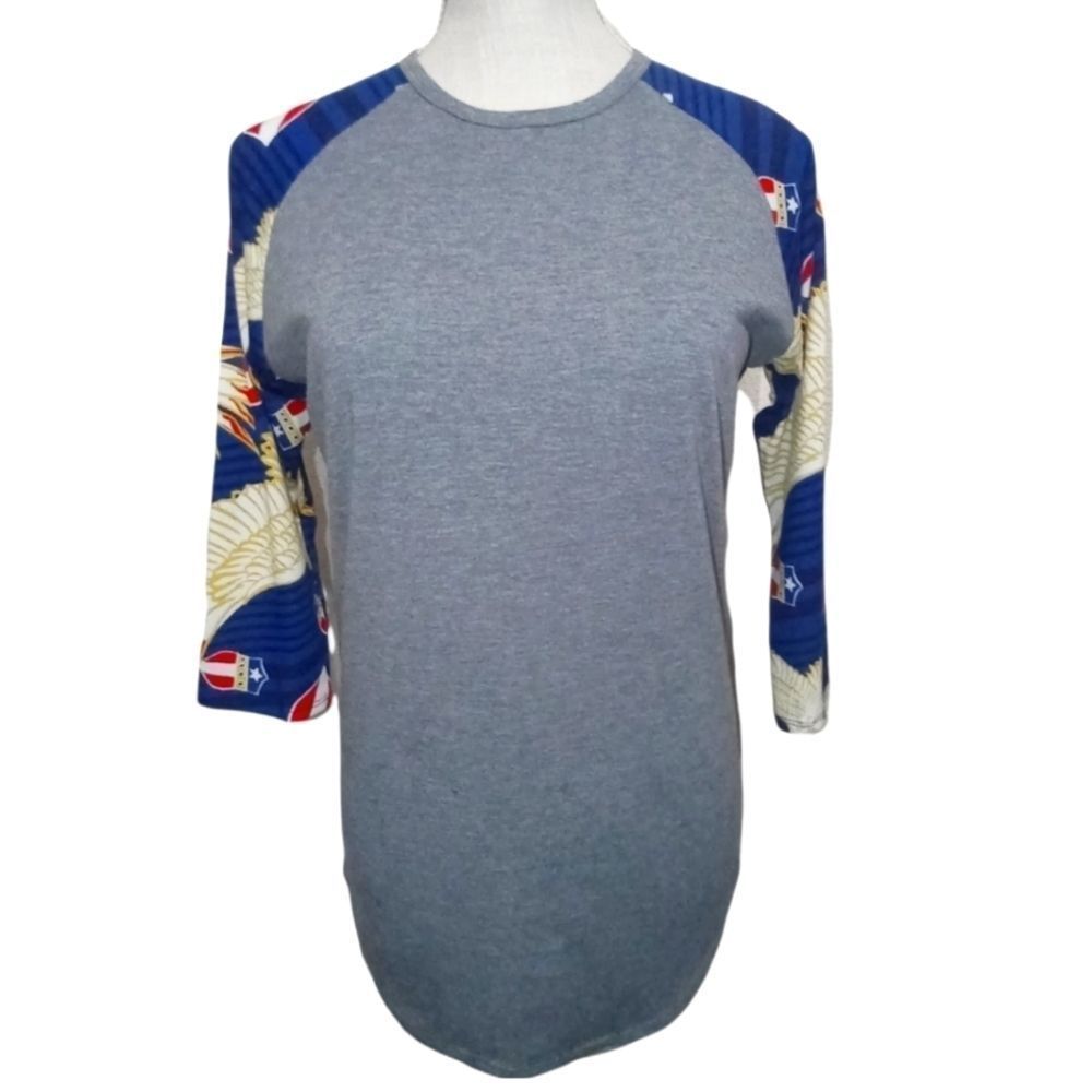LuLa Roe Gray, Gold, Blue & Red Randy Shirt